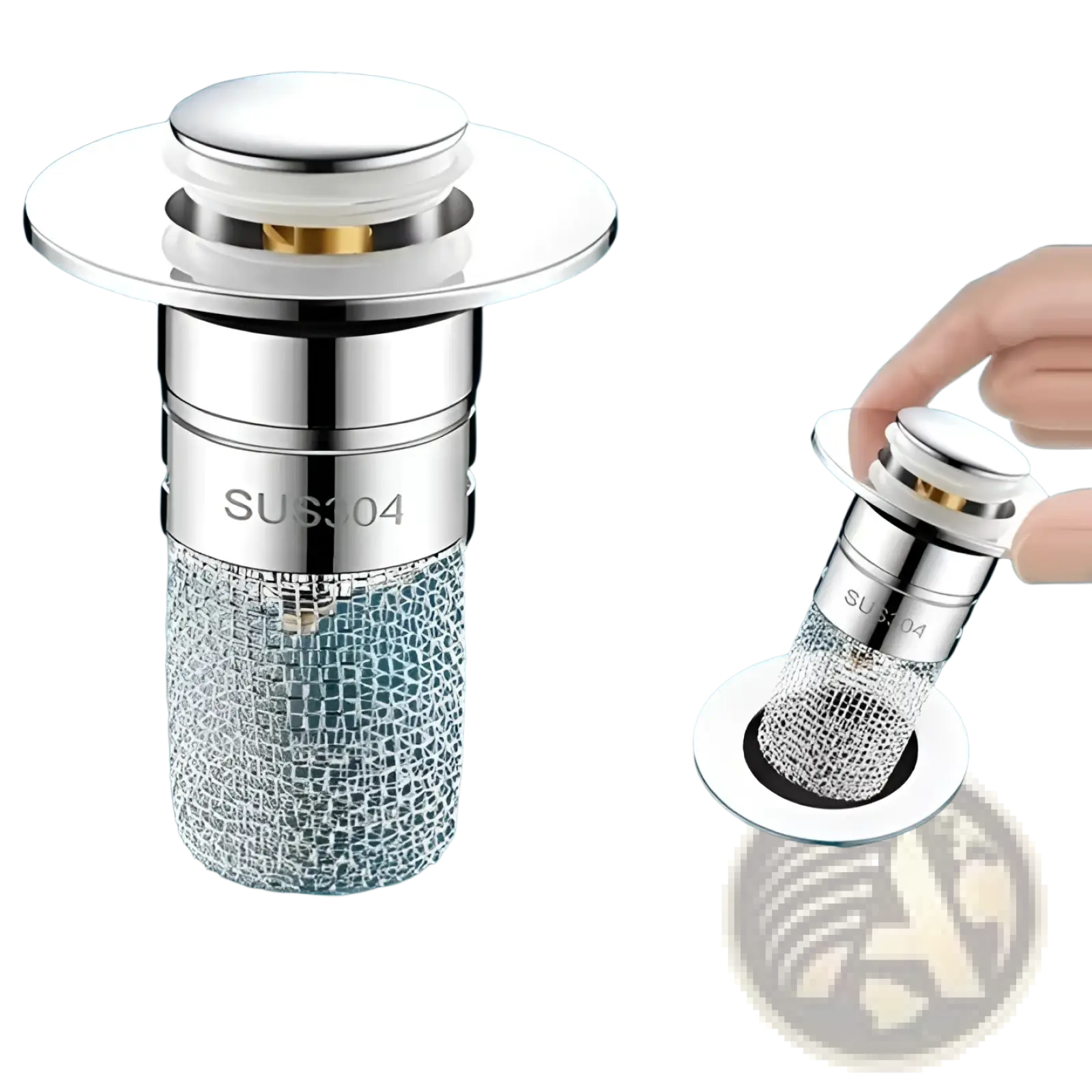 Chrome-finished sus 304 stainless steel universal wash basin drain plug with mesh filter and chrome cap