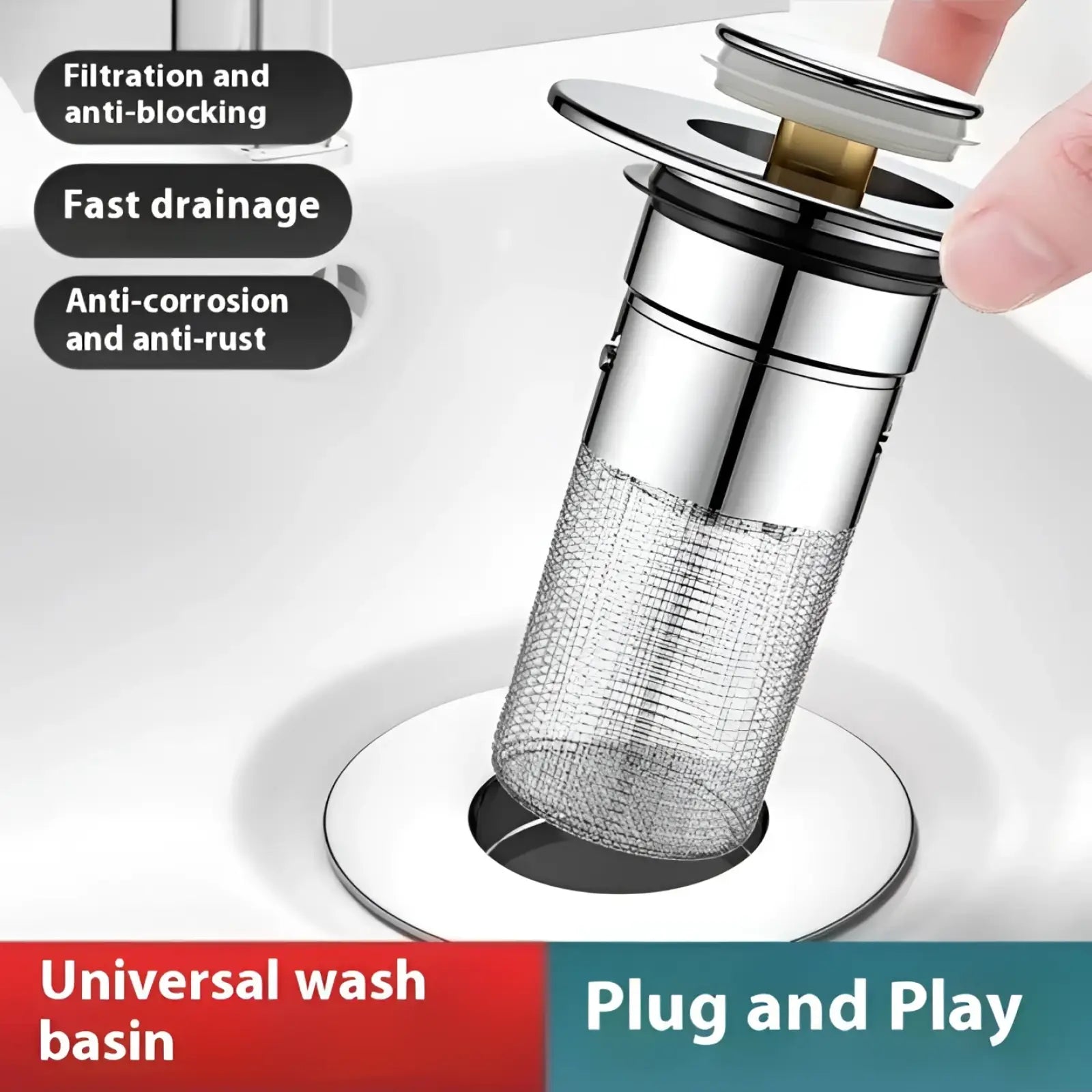 Shiny chrome-finished universal wash basin drain filter with Sus304 mesh filter and snap-on cap for efficient drainage