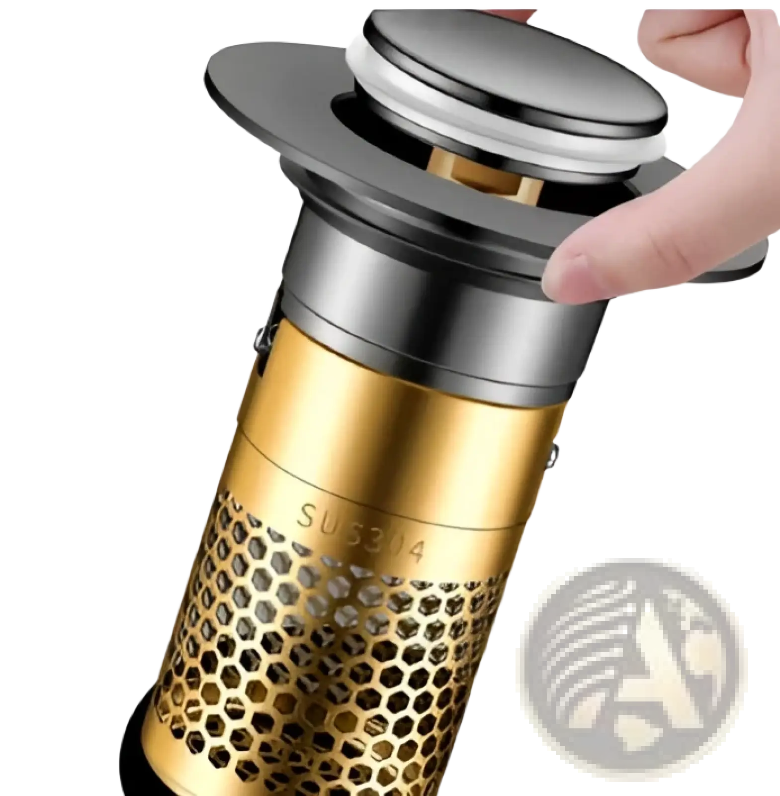 Gold-colored perforated cylindrical coffee maker with sleek silver-toned lid and base for universal wash basin drain filter sus304 chrome cap