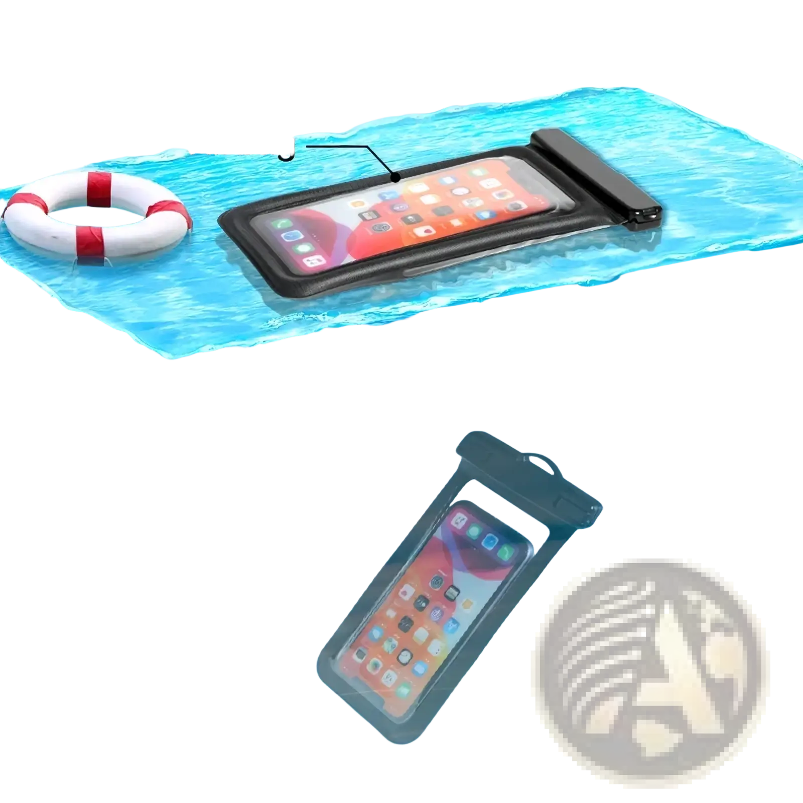 Black waterproof floating phone case with airbag feature for underwater protection shown from the back side