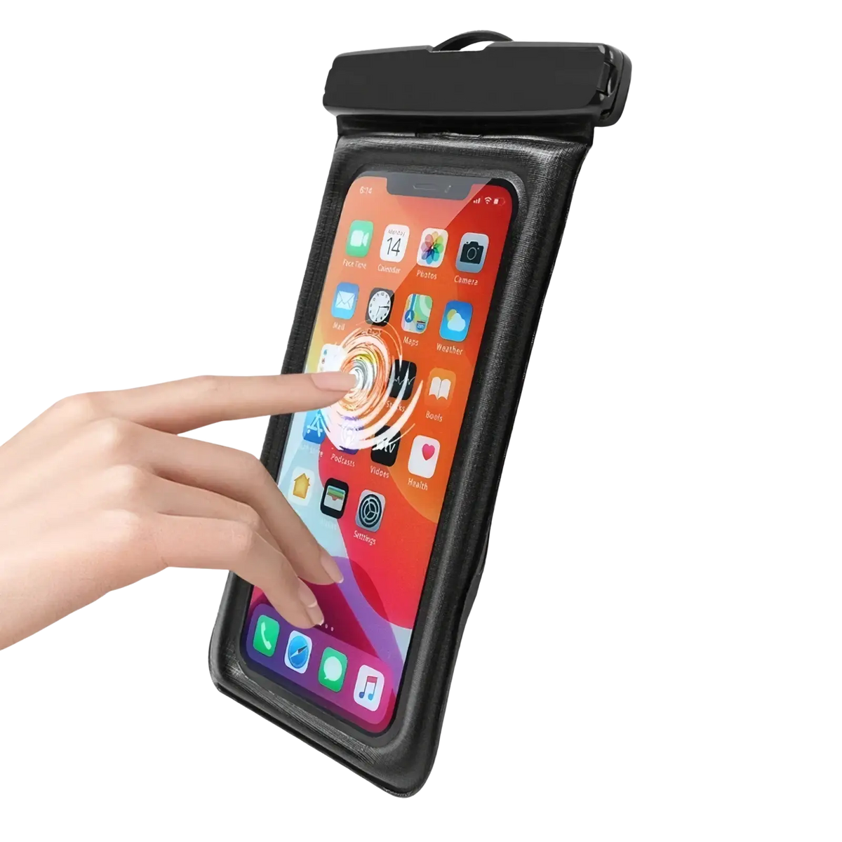 Black universal waterproof floating phone case airbag pouch with clear front panel and touchscreen functionality