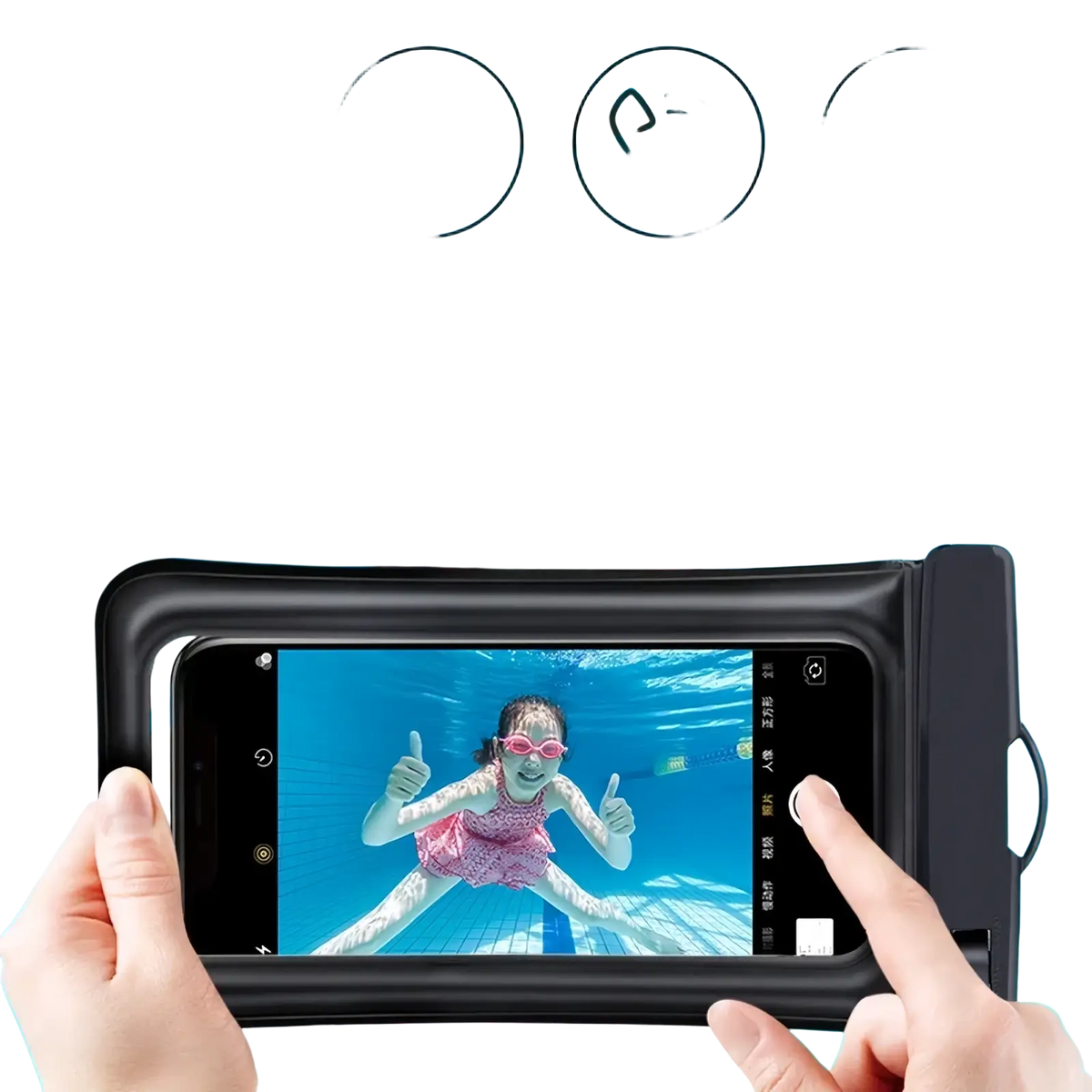 Black universal waterproof floating phone case with clear front panel and side grip for underwater photography
