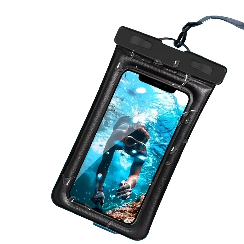 Black universal waterproof floating phone case with clear front panel and airbag pouch for underwater smartphone protection