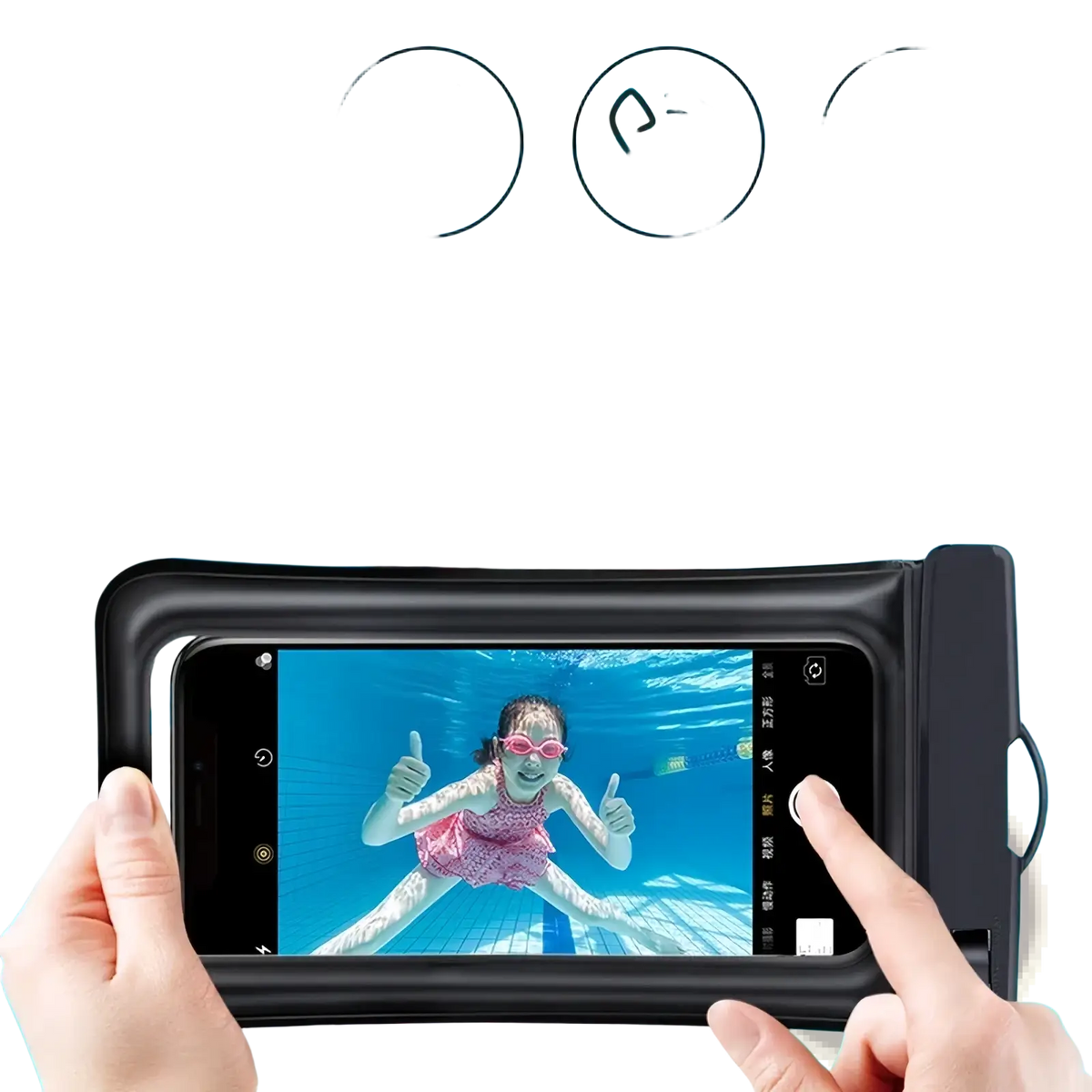 Black universal waterproof floating phone case with clear front panel and side grip for underwater photography