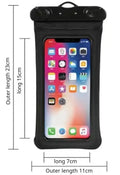 Black universal waterproof floating phone case with clear front panel and reinforced top handle for secure handling