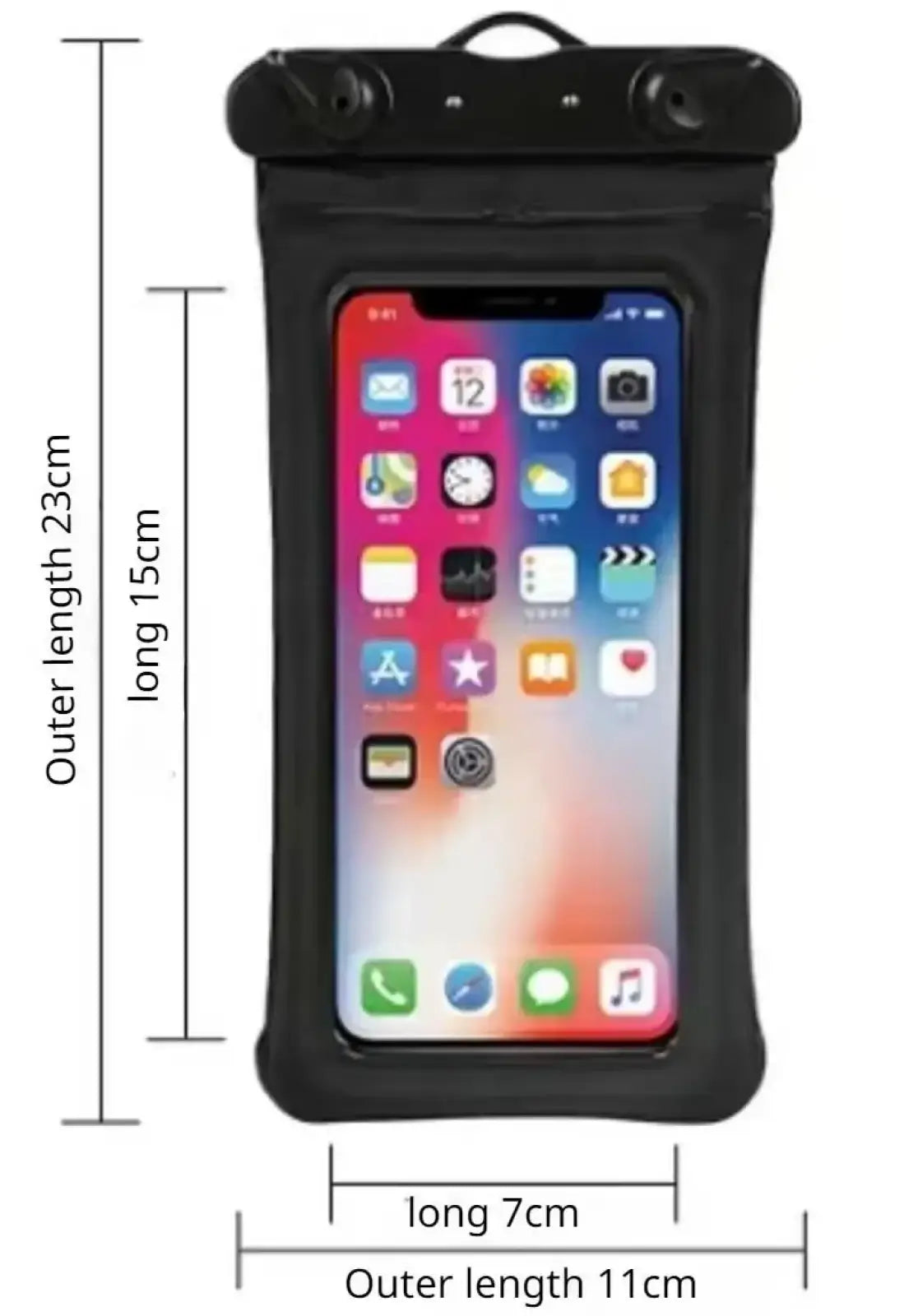 Black universal waterproof floating phone case with clear front panel and reinforced top handle for secure handling