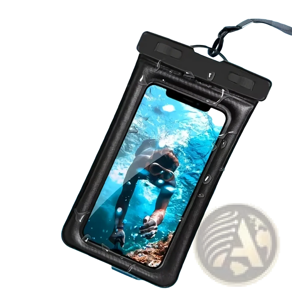Black universal waterproof floating phone case with clear front panel and airbag pouch for underwater smartphone protection