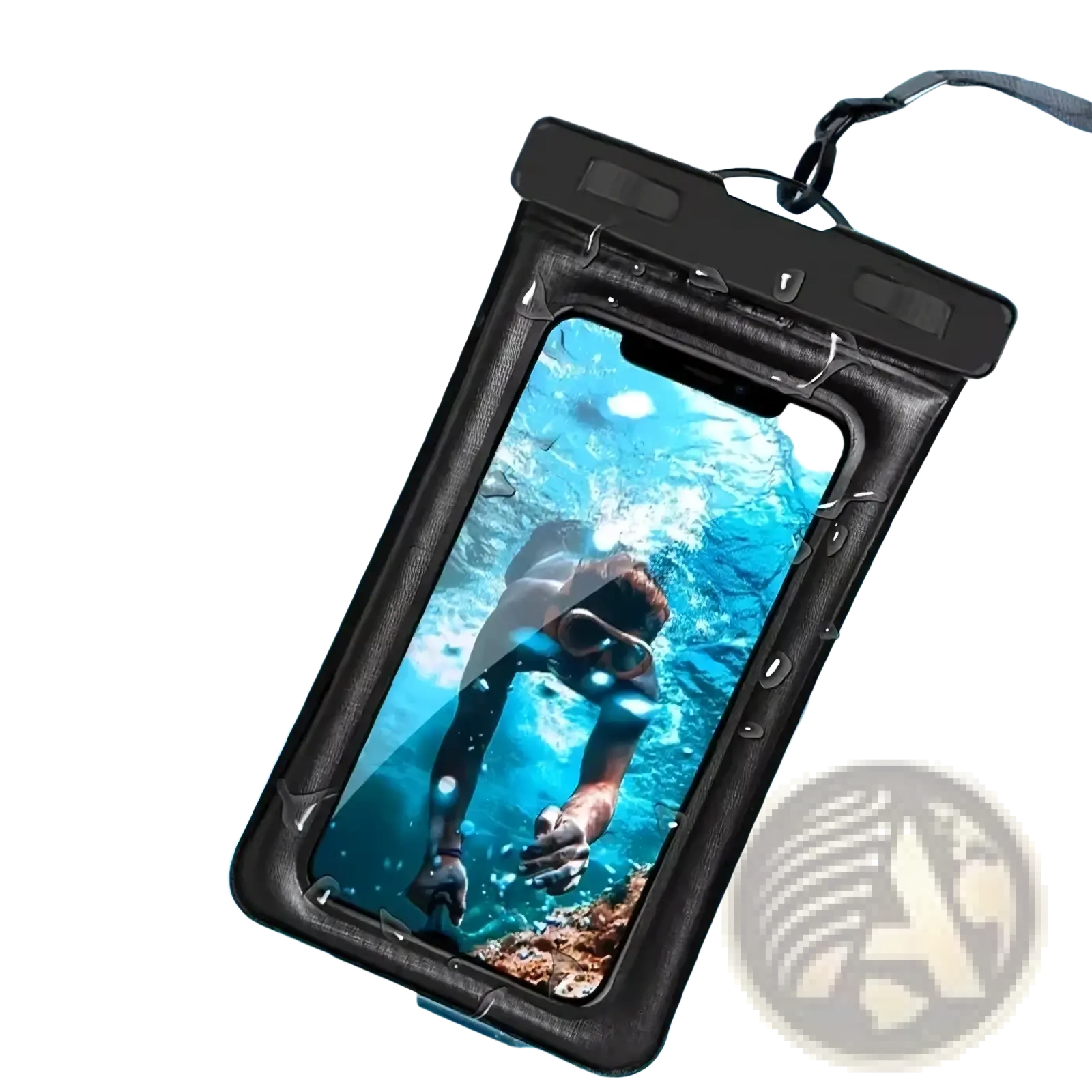Black universal waterproof floating phone case with clear front panel and airbag pouch for underwater smartphone protection