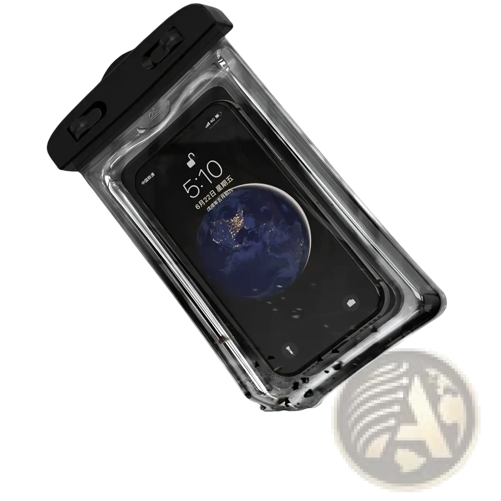Clear waterproof floating phone case with black top and side buttons designed for underwater protection and airbag safety