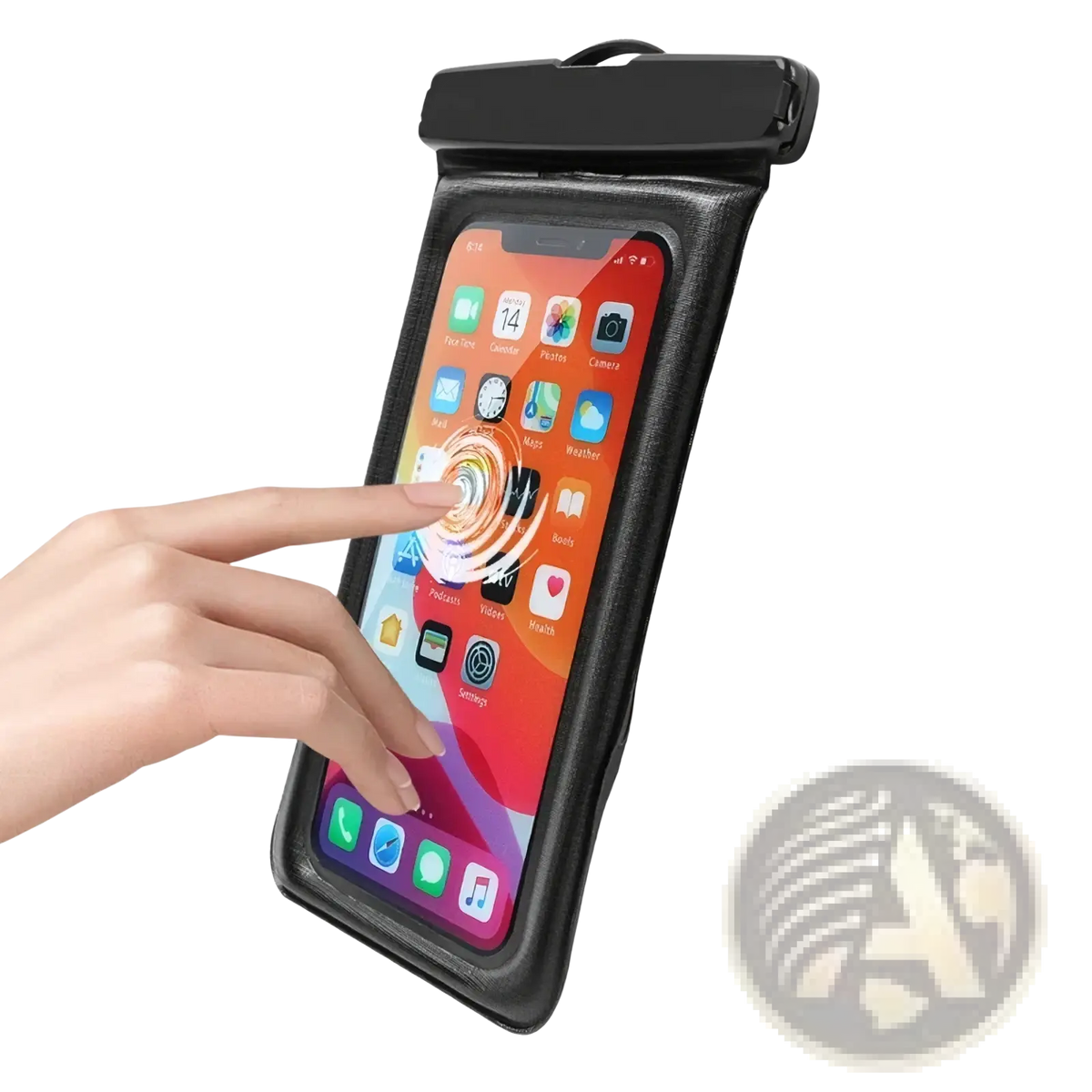 Black universal waterproof floating phone case airbag pouch with clear front panel and touchscreen functionality