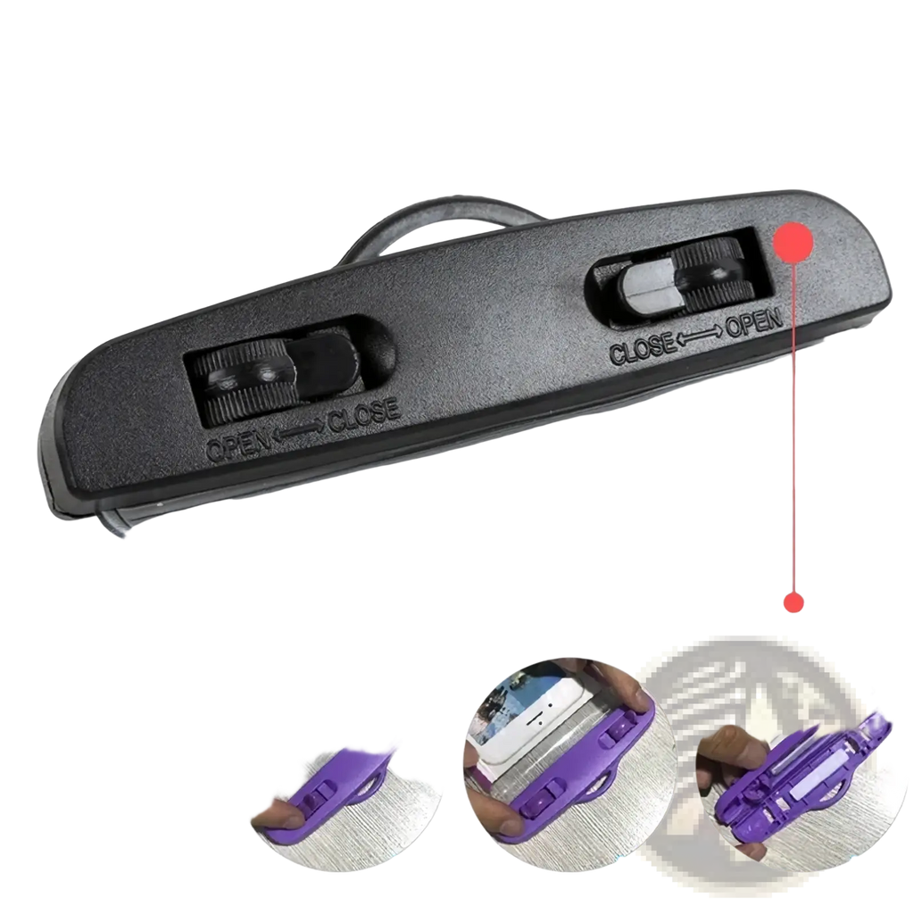 Purple plastic universal waterproof floating phone case with black snap buttons and clear waterproof sleeve shown from back side