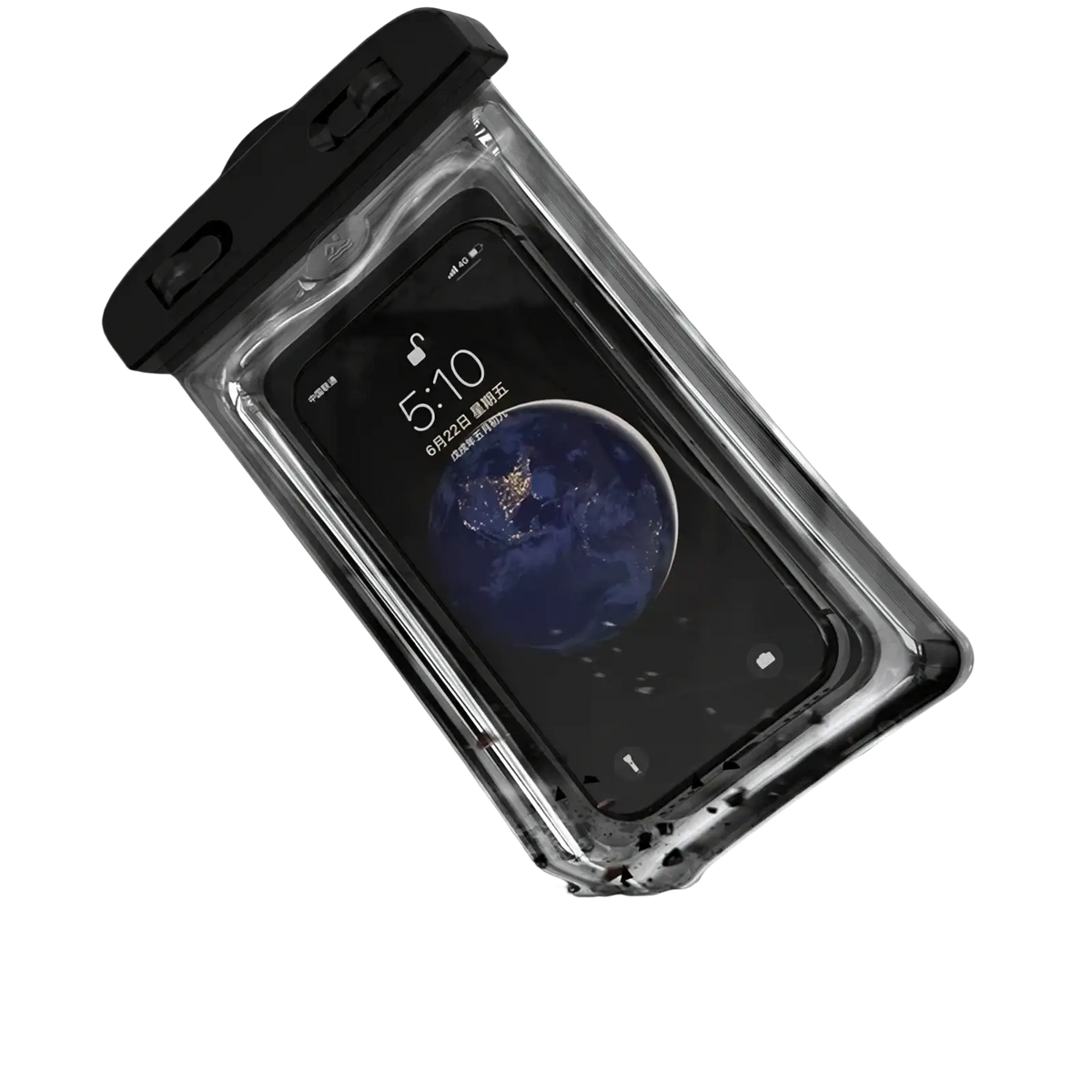 Clear waterproof floating phone case with black top and side buttons designed for underwater protection and airbag safety
