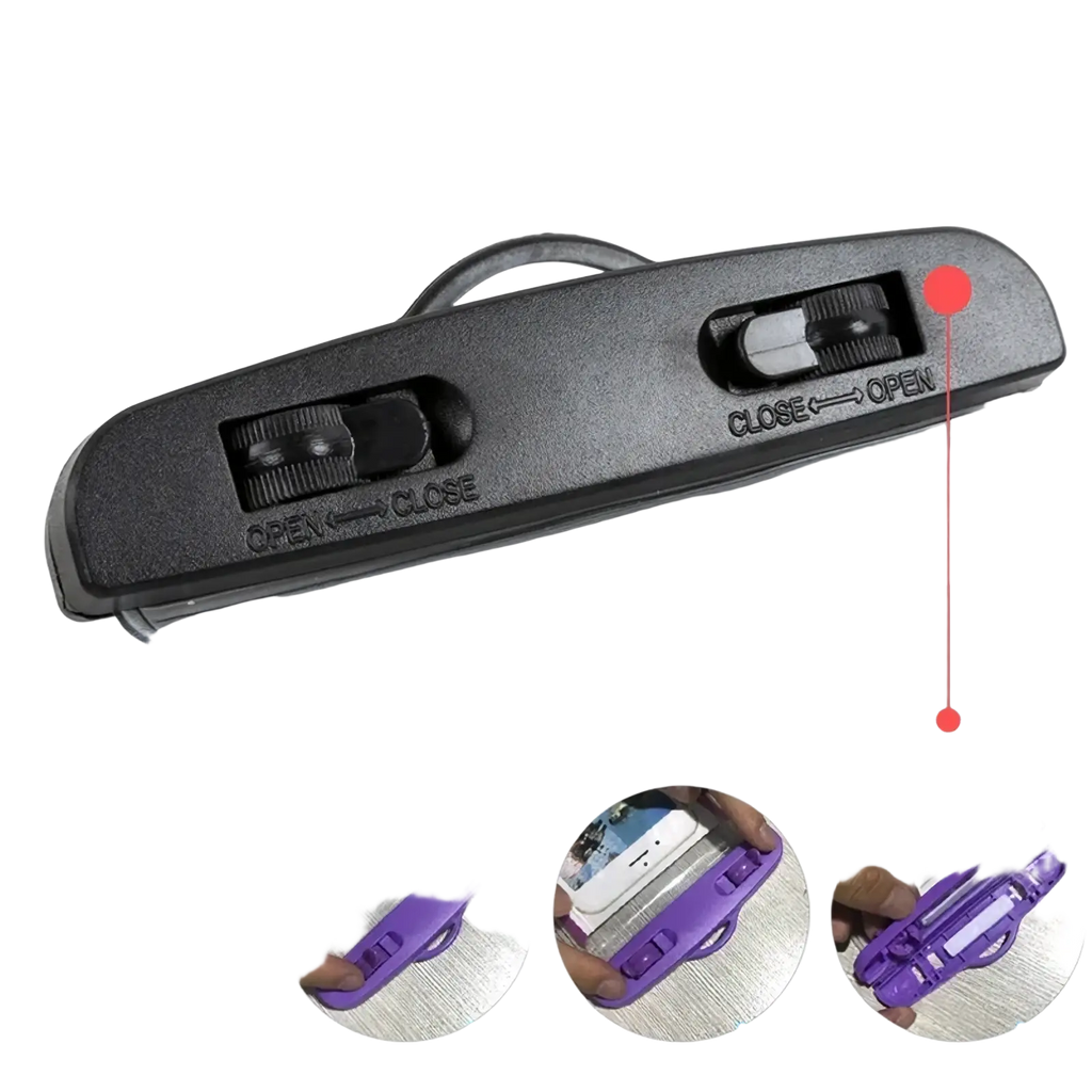 Purple plastic universal waterproof floating phone case with black snap buttons and clear waterproof sleeve shown from back side