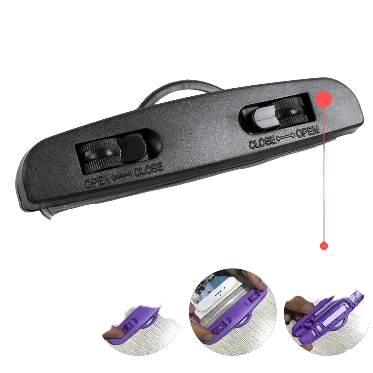 Purple plastic universal waterproof floating phone case with black snap buttons and clear waterproof sleeve shown from back side