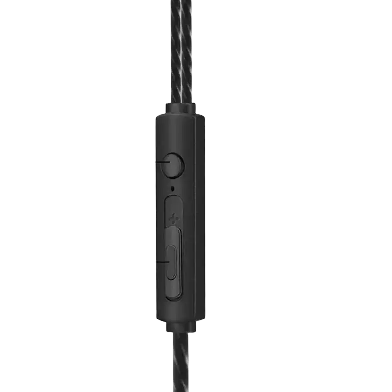 Black sleek rectangular inline control module with volume control for universal wired headphones with braided cable