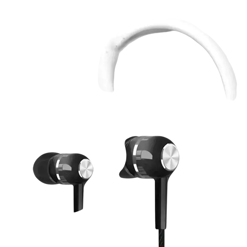 Black universal wired headphones with silver metallic volume control button and bass phone earphones design