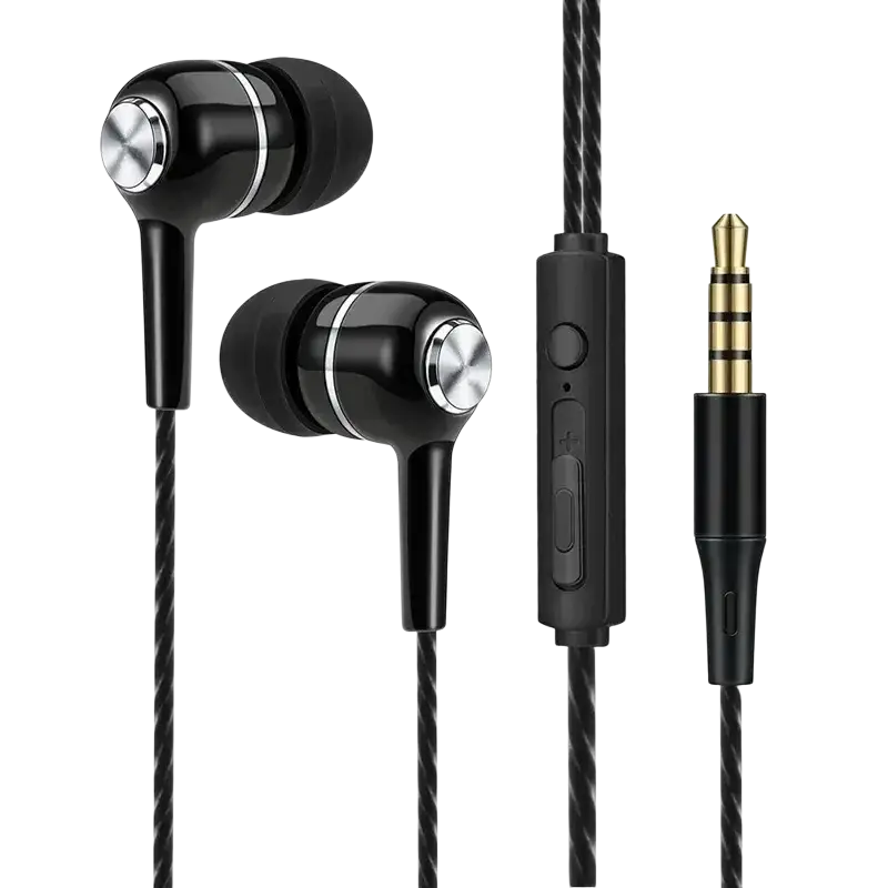 Black universal wired headphones with silver accents, braided cable, inline mic and volume control for bass phone earphones