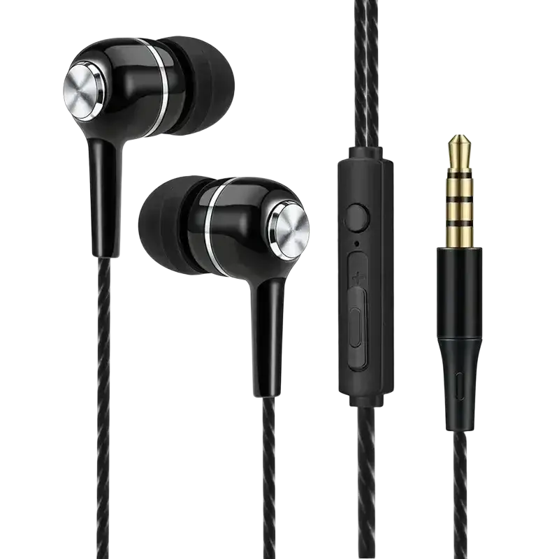 Black universal wired headphones with silver accents braided cable and inline volume control with mic