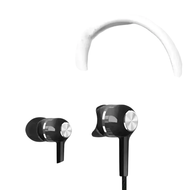Black universal wired headphones with mic silver circular volume control buttons and a white curved headband