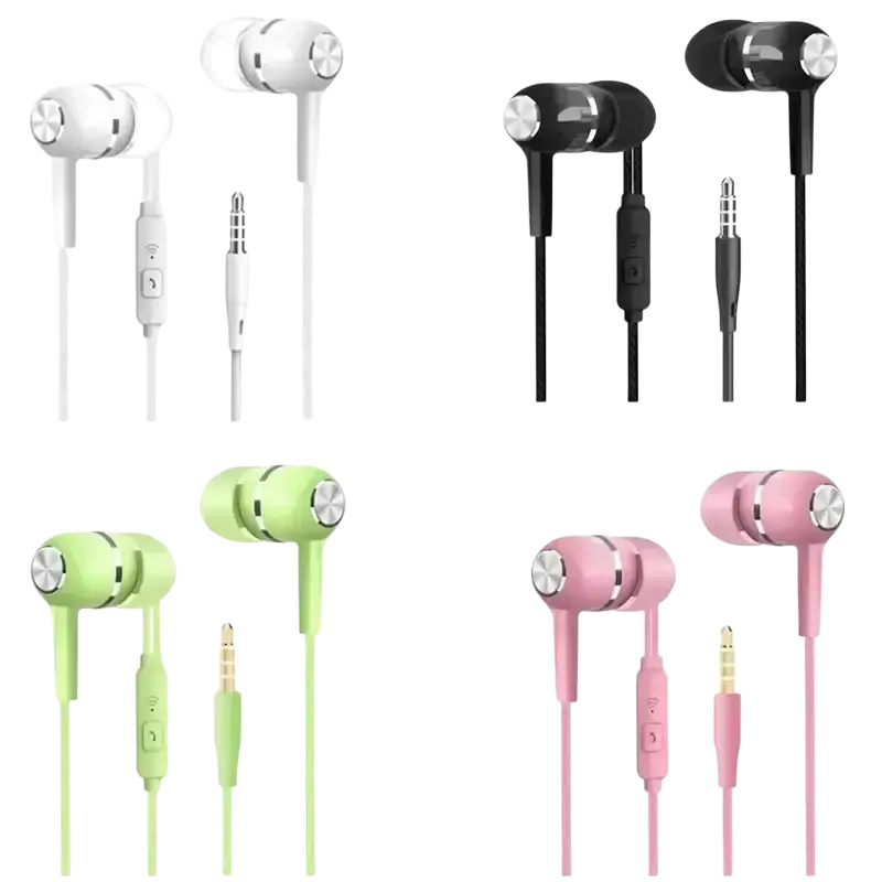 Universal wired headphones in white black light green and pink with silver accents and volume control mic