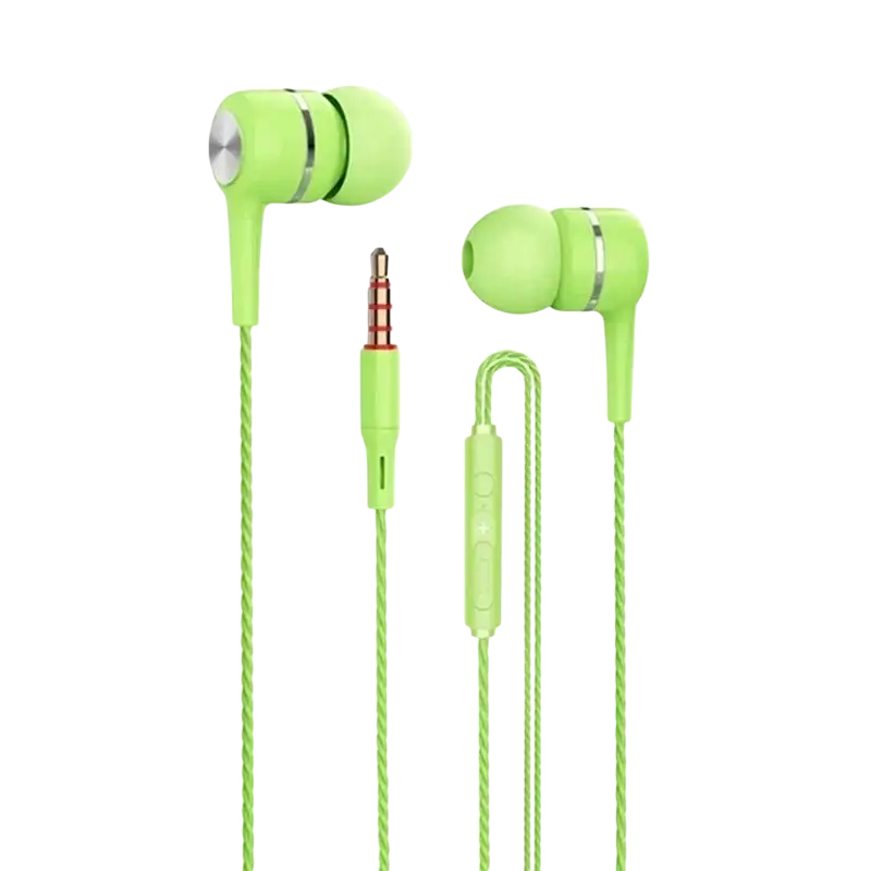 Lime green universal wired headphones with metallic silver earpiece, braided cord, volume control, and bass phone earphones