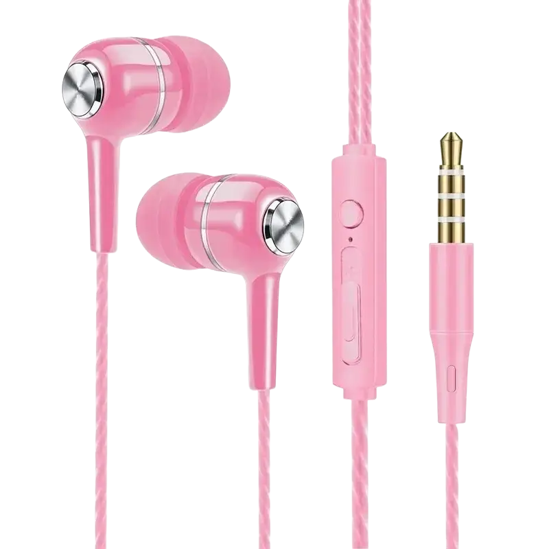 Pink universal wired headphones with mic volume control braided cable and silver metallic accents bass phone earphones