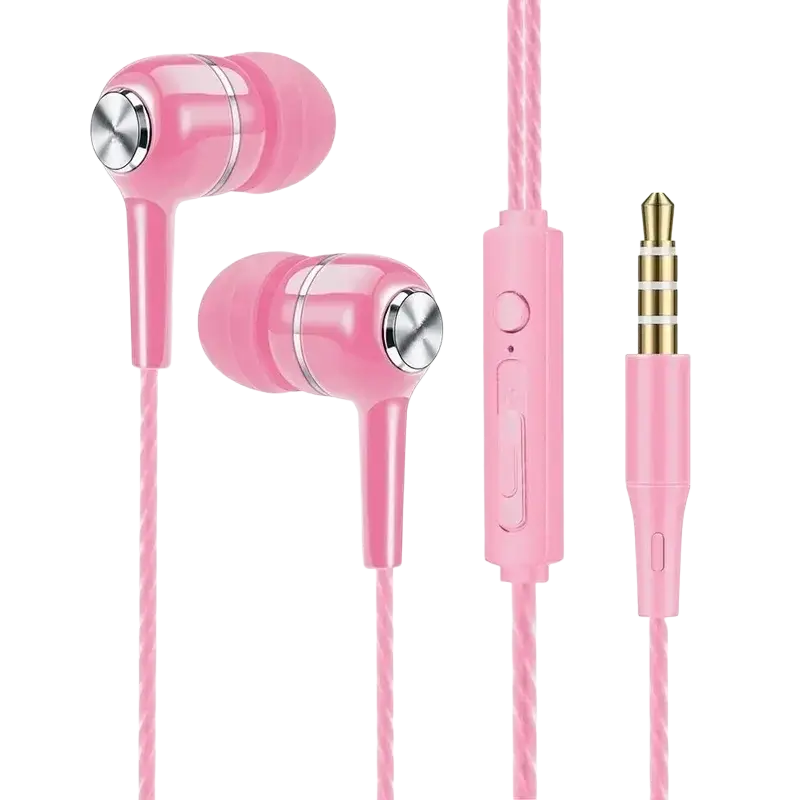 Pink universal wired headphones with mic volume control silver accents and braided cable bass phone earphones