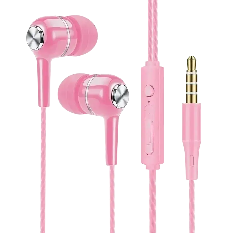 Pink universal wired headphones with mic volume control braided cable and silver metallic accents