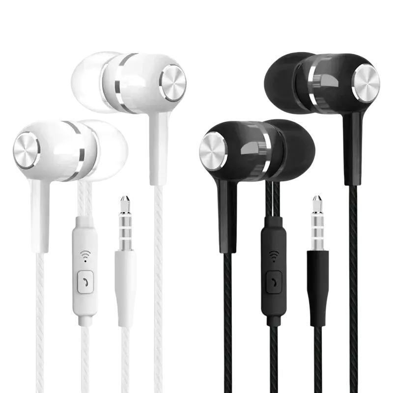 White and black universal wired headphones with silver metallic accents, braided cable, mic, and volume control for bass phone earphones