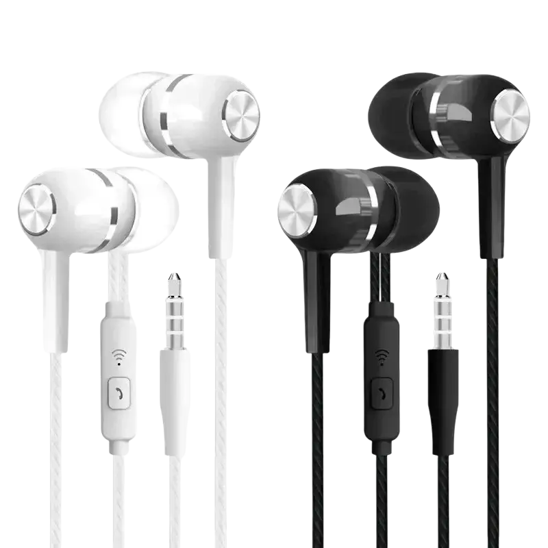 White and black universal wired headphones with silver accents featuring volume control inline and 3.5mm jack connectivity