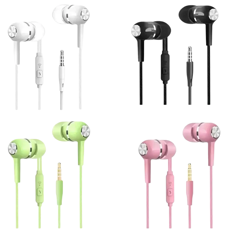 Universal wired headphones with mic and volume control in white black lime green and pink with silver metallic accents