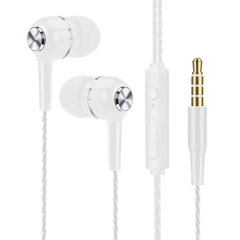 White universal wired headphones with mic volume control braided cable bass phone earphones and gold 35mm jack
