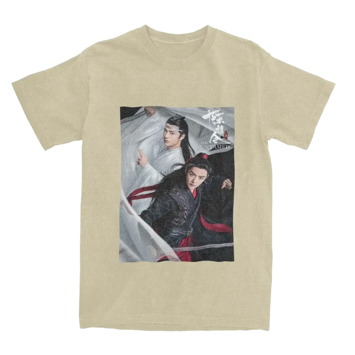 Beige short-sleeved cotton t shirt with printed graphic of two characters from the drama the immortal detective plus size