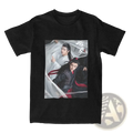 Black short-sleeved cotton t shirt featuring printed graphic of two characters from the untamed Chinese drama plus size