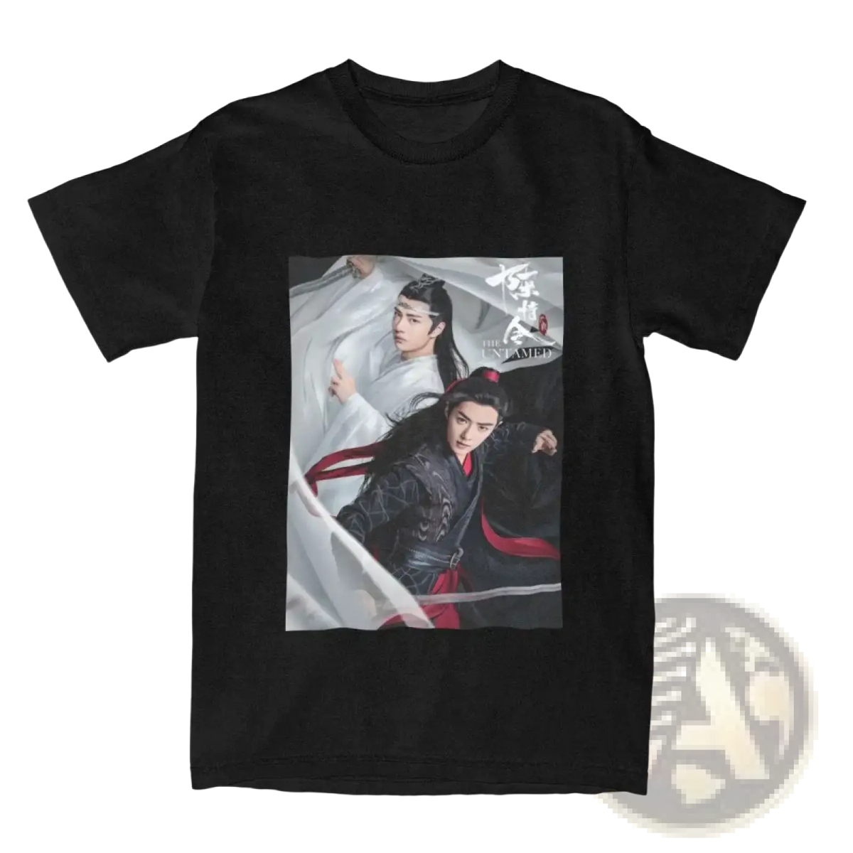Black short-sleeved cotton t shirt featuring printed graphic of two characters from the untamed Chinese drama plus size