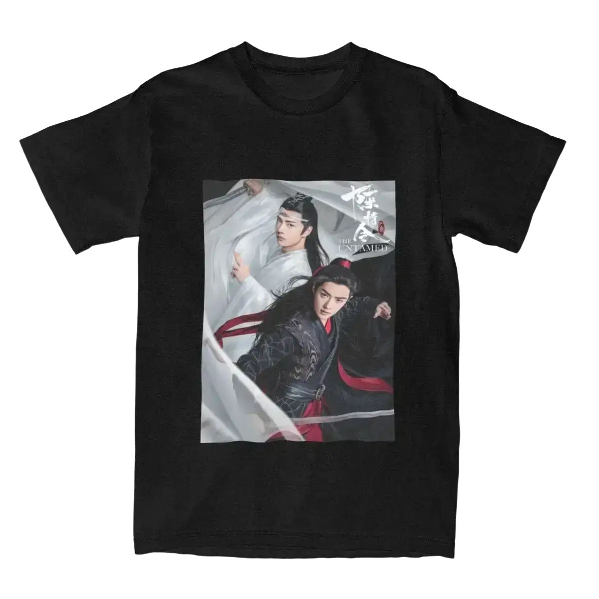 Black cotton t shirt plus size featuring printed graphic of two characters from the untamed chinese drama