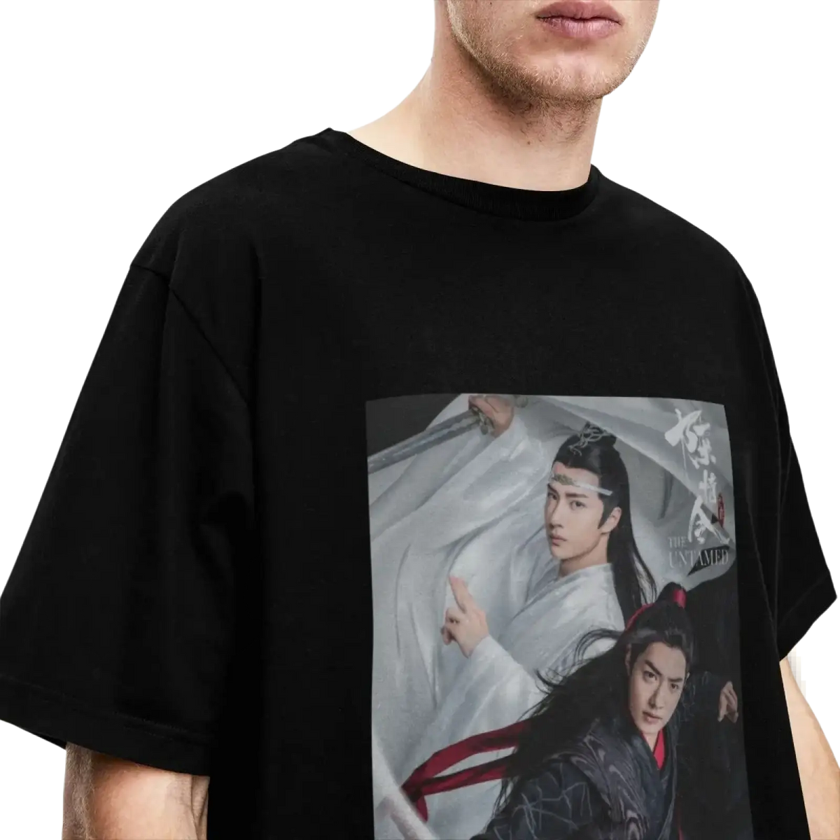 Black oversized cotton t shirt featuring a printed graphic of two characters from the drama the untamed in plus size