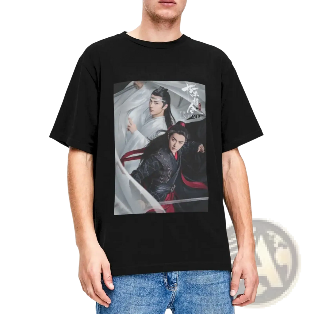 Black short-sleeved cotton t shirt featuring printed graphic of two characters from the untamed Chinese drama plus size