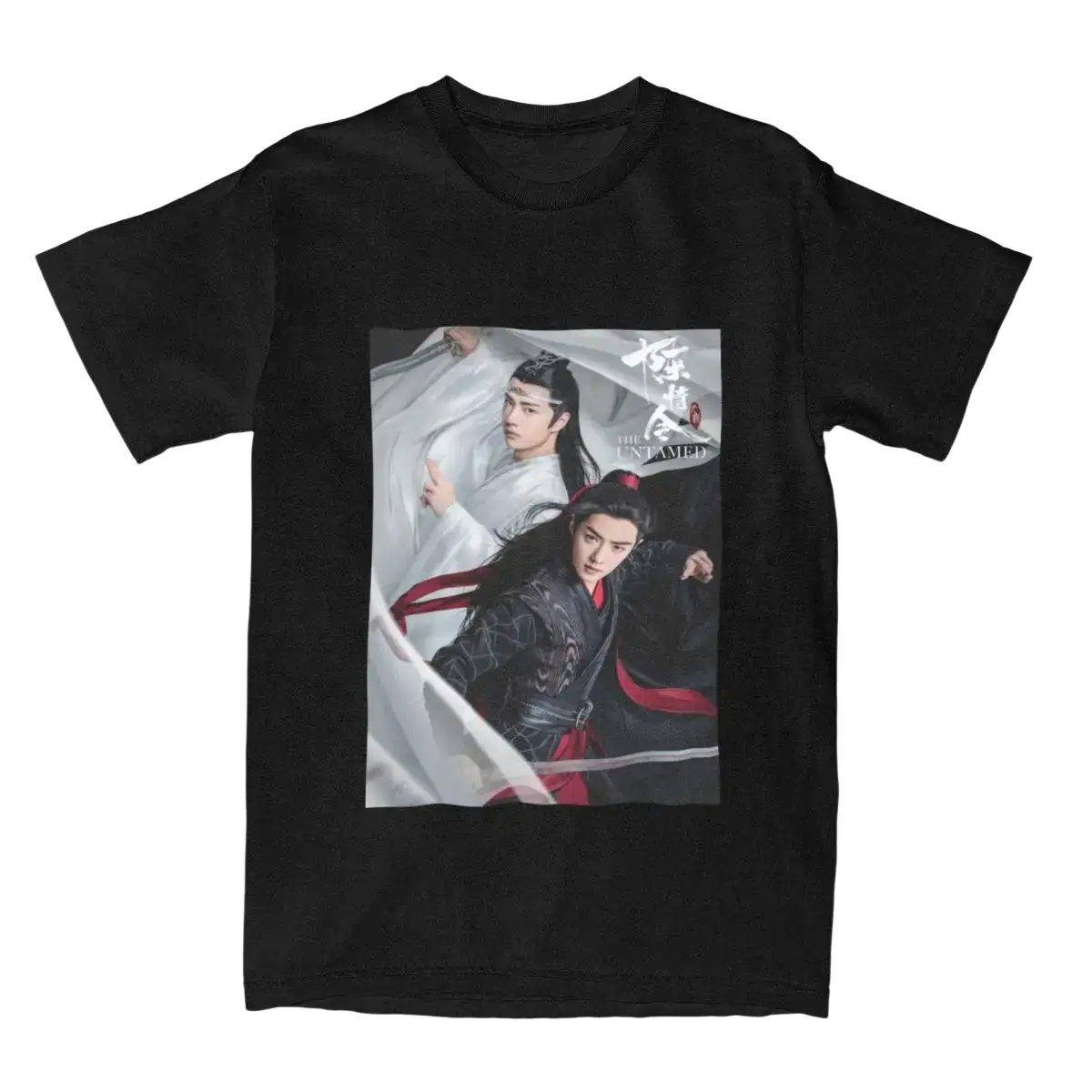 Black short-sleeved cotton t shirt featuring printed graphic of two characters from the untamed Chinese drama plus size