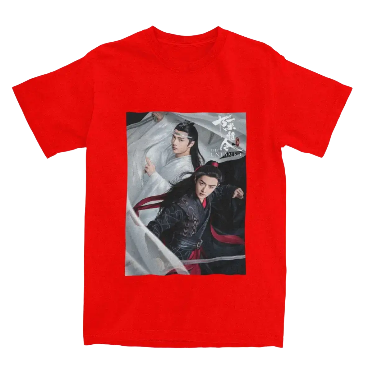 Bright red short-sleeved cotton t shirt featuring printed graphic of two characters from the Untamed Chinese drama