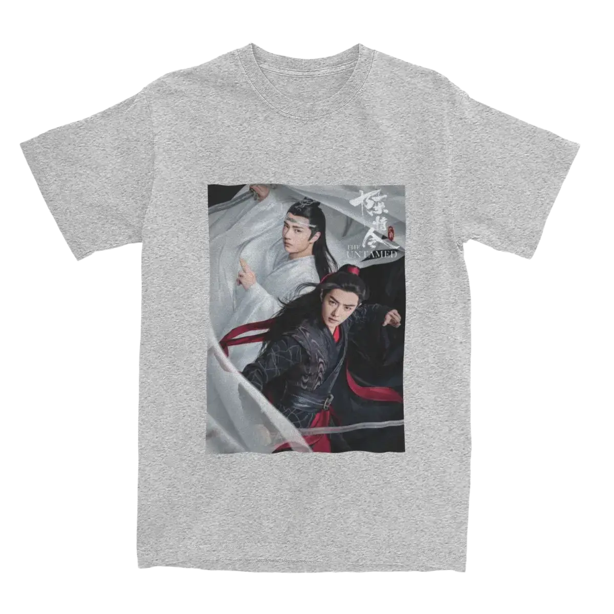 Heather gray cotton t shirt featuring printed graphic of two characters from the immortal with red accents plus size