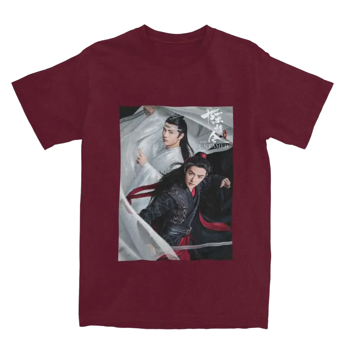 Maroon cotton short-sleeved t shirt featuring printed characters from the immortal affairs in traditional attire