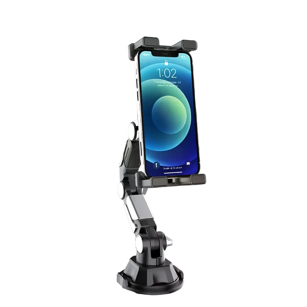 Black and silver adjustable universal cup holder car phone mount holding a smartphone securely in place
