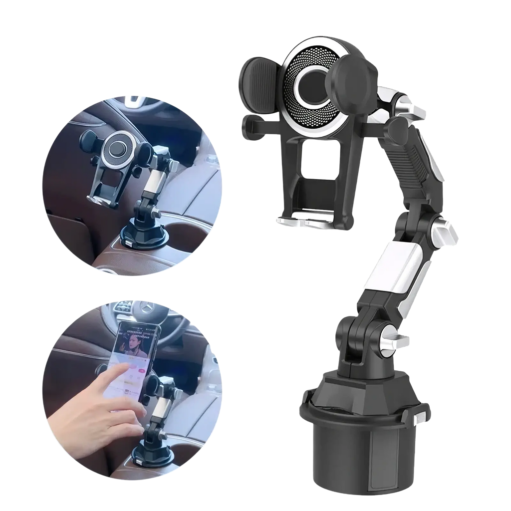 Black and silver adjustable cup holder car phone mount with flexible arm for secure and universal device holding