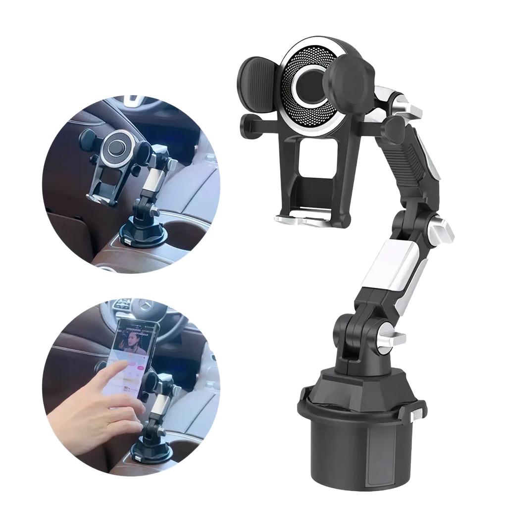 Black and silver adjustable universal car phone holder with cup base for secure in-car device mounting
