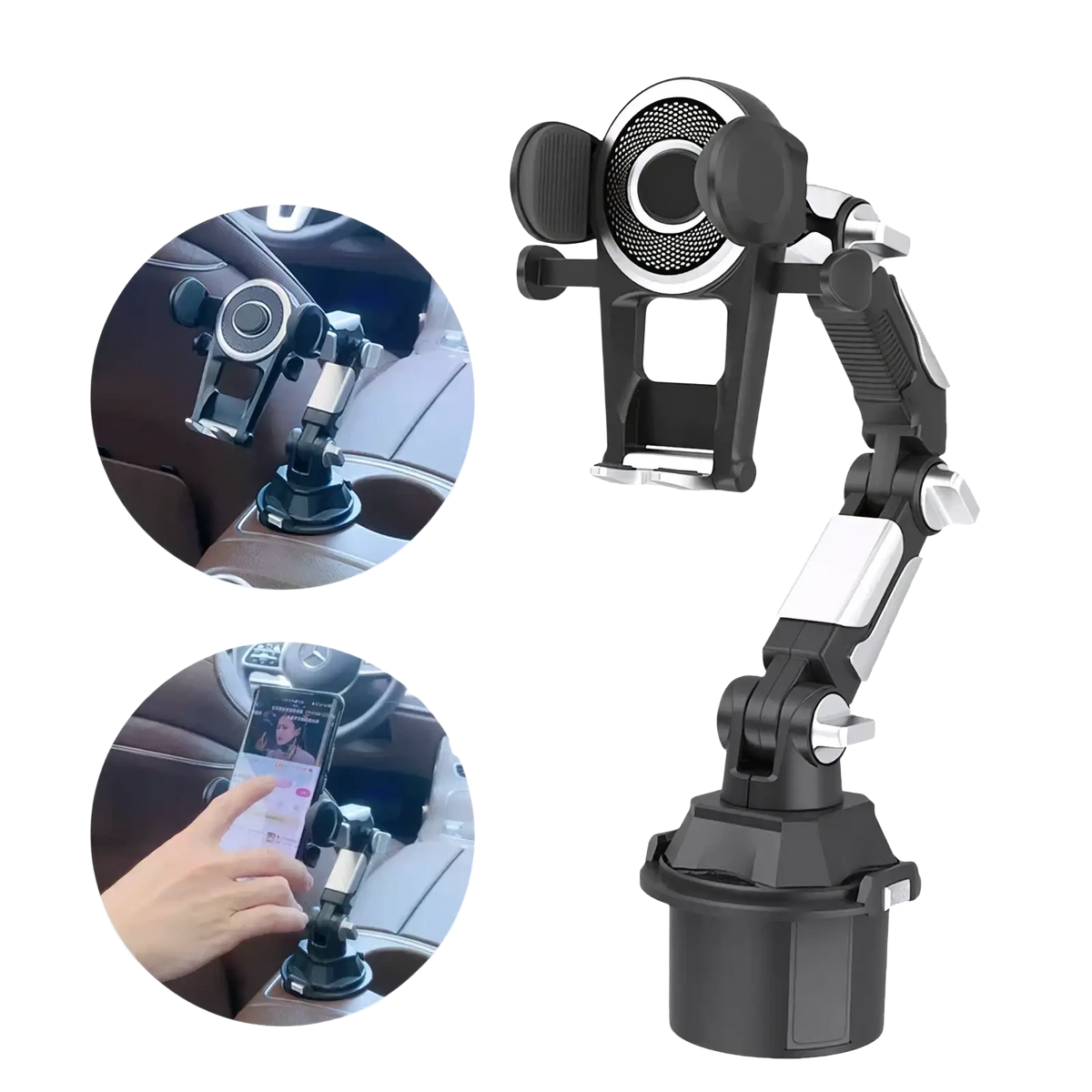 Black and silver adjustable cup holder car phone mount with textured grip surface for universal phone support