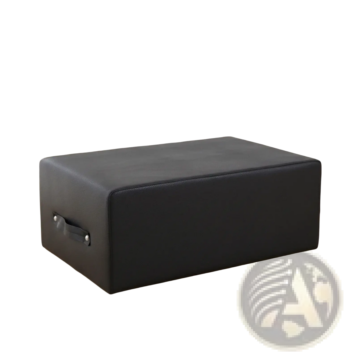 Black rectangular upholstered fitness box with textured faux leather finish and sturdy handle for pilates and home gym use