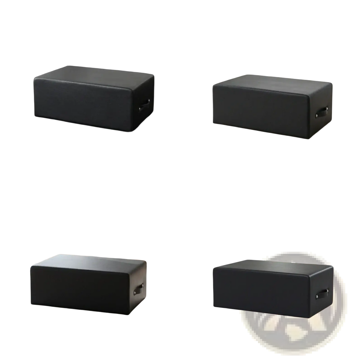 Black rectangular yoga block with textured surface and handle for pilates and home gym upholstered fitness box