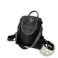 Black urban faux leather backpack with silver zippers and a herringbone-patterned strap visible from the back side