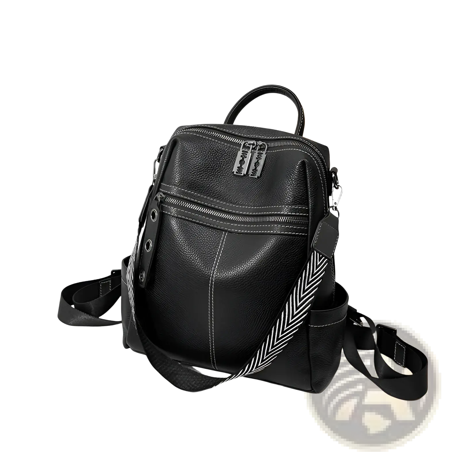 Black urban faux leather backpack with silver zippers and a herringbone-patterned strap visible from the back side